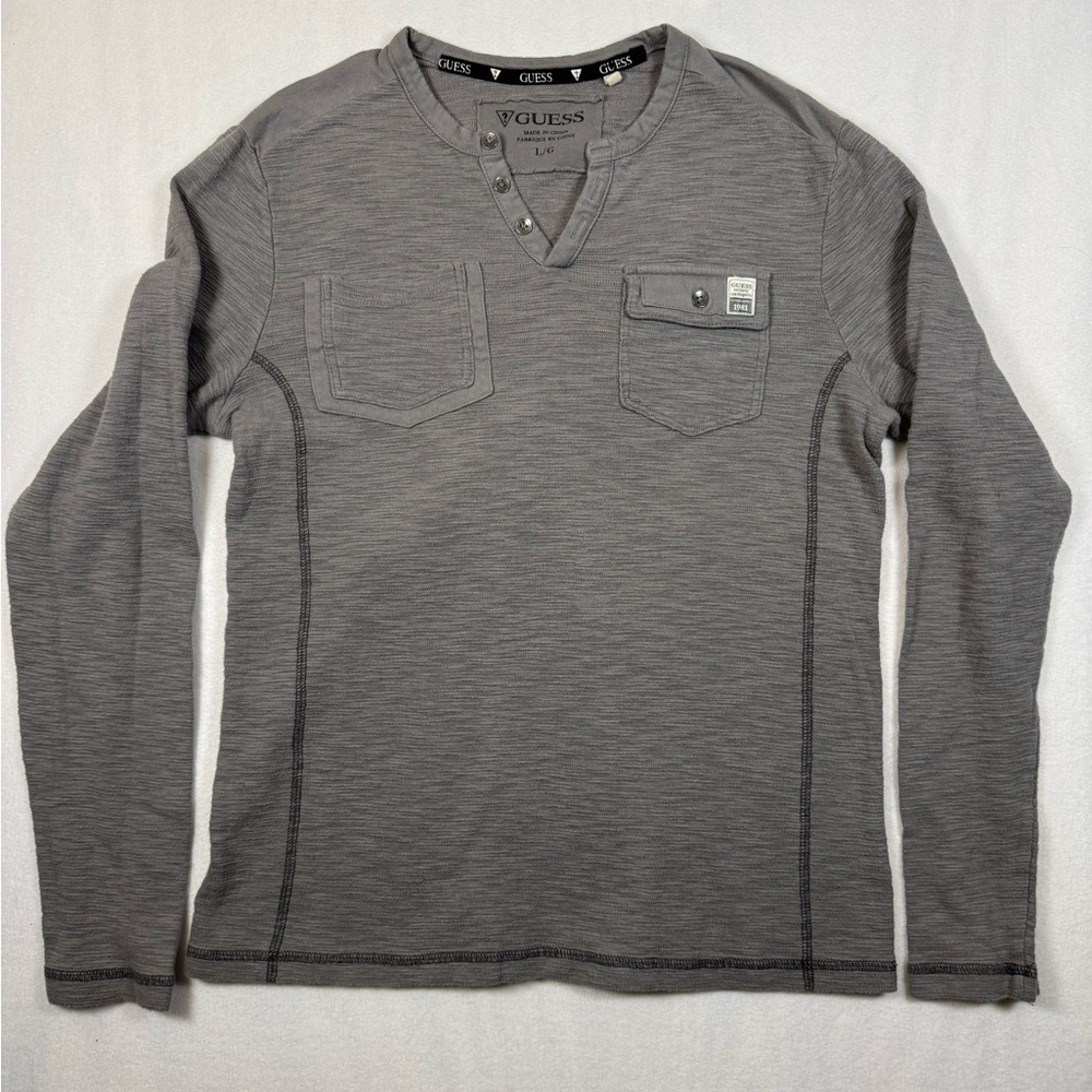 Guess Gray Textured Henley with Chest Pockets